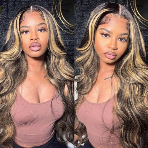 Juvid 13x6 Highlight Lace Front Wigs Human Hair FB/27 Ombre Body Wave HD Transparent Balayage Lace Front Wig Human Hair 180% Density Glueless Wig 26inch for Black Women Pre Plucked Hairline