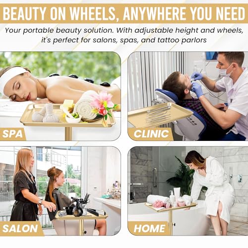 JayGlobal Gold Salon Tray On Wheels, Premium Aluminum Rolling Tattoo Tray, Height Adjustable Tattoo Cart Trolley for Hairstylist Salon, Spa & Clinic