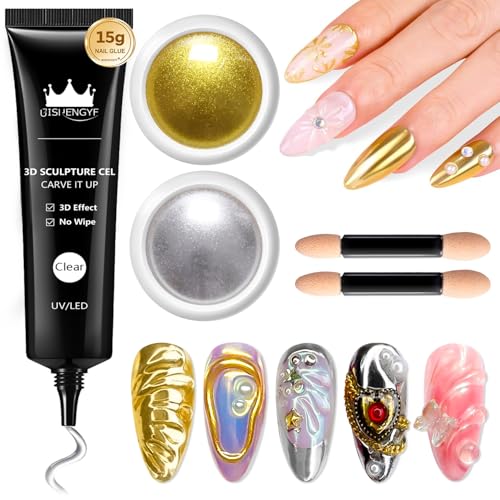 3D Nail Gel and Chrome Nail Powder BISHENGYF - 15g No Wipe 3D Sculpting with Rose Gold Chrome Powder Clear Non-Sticky Sculpting Gel for Home Art DIY