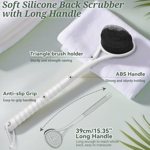 Silicone Back & Body & Face Scrubbers Set 4PCS, 15.35¡¯¡¯ Soft Back Scrubber for Dual-Side Usage, Easy-to-Hold Bath Glove Body Scrubber Face Scrubber for Good Foaming & Deep Cleaning(Black)
