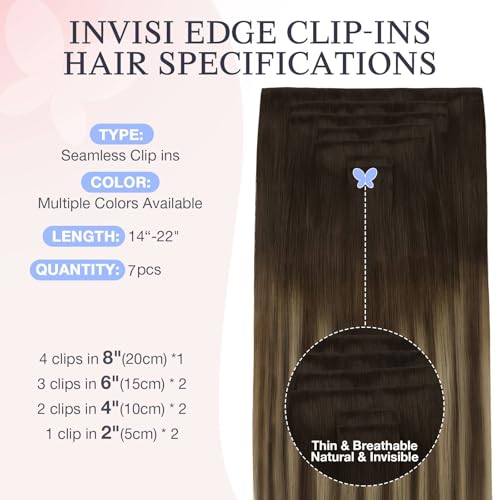DOORES Invisible Clip in Hair Extensions 18 inch 110g 7pcs, Real Human Hair Invisi Edge Clip in Extensions, Virgin PU Clipins Straight Thickening Hairstyle, 4/27/4 Chocolate Brown to Caramel Blonde