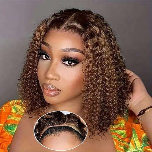 Glueless Wigs Human Hair Pre Plucked Pre Cut 4/27 Highlight Ombre Honey Blonde Curly Bob Wig Human Hair for Beginners 4x4 Deep Wave Lace Closure Glueless Wigs for Black Women 10 Inch