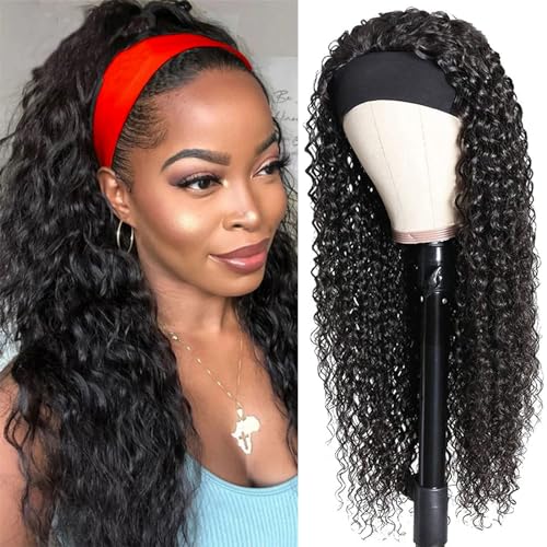 Headband Wig Deep Wave Human Hair Wigs Virgin Hair Brazilian Remy Hair Glueless Non Lace Front Wig for Black Women Wear and Go Wigs Deep Curly Wave Headband Wig (30 Inch, Natural Color)