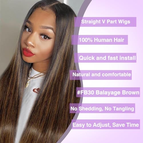 CHEETAHBEAUTY FB30 Ombre V Part Wig Human Hair 8Inch No Leave Out Upgrade Straight U Part Wig Highlight Blonde No Glue Brazilian Virgin Straight Human Hair Wigs for Women Colored Brown 180% Density