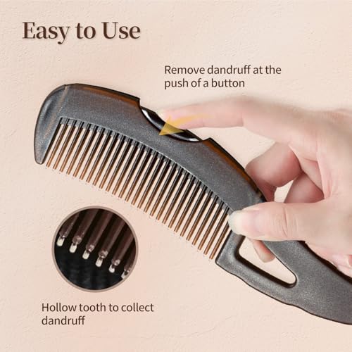 Dandruff Comb, Stainless Steel Fine Tooth Lice/Flea/Psoriasis Comb, Scalp Oil Buildup Removal Wide Hollow Tooth Button Hairbrush for Scalp Massage Care for Man Women and Kids (Brown)