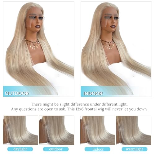 13x6 Platinum Blonde Lace Front Wig Human Hair, Deep Ear-to-Ear HD Lace Frontal Human Hair Wigs 24 Inch Platinum Blonde Wig 180% Density Straight Platinum Lace Front Wigs for Women Pre Plucked