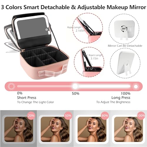 MOMIRA Travel Makeup Bag Cosmetic Bag with Lighted Mirror, Adjustable Brightness in 3 Color Scenarios, Waterproof, 10x Magnifying Mirror, Rotatable Independent Light Mirror- Pink(Solid)
