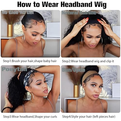 Curly Headband Wig Human Hair 26Inch Human Hair Headband Wig Glueless Wear and Go Human Hair Scarf None Lace Front Wigs 150% Density Natural Color