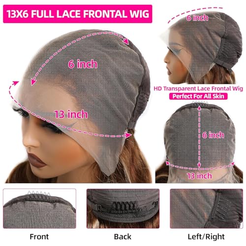 200% Density Highlight Ombre Lace Front Wig Human Hair Body Wave 13x6 Full Lace Frontal Wigs Pre Plucked P4/27 Honey Blonde Brown Colored Lace Frontal Wigs for Women