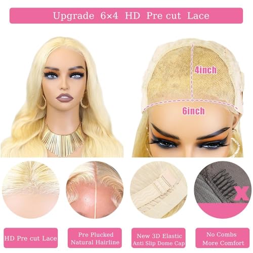 613 Glueless Pre Plucked Wigs 180% Density Wear & Go HD Body Wave Lace Front Wigs 6x4, 24in, Human Hair for Women