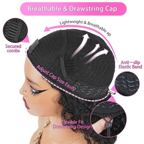 Burmese Curly Half Wig 18 Inch 200 Density Seamless Flip Over Wig Glueless Human Hair Curly 3 In 1 Half Wigs Wear and Go Drawstring Headband Wig for Women Beginner Friendly