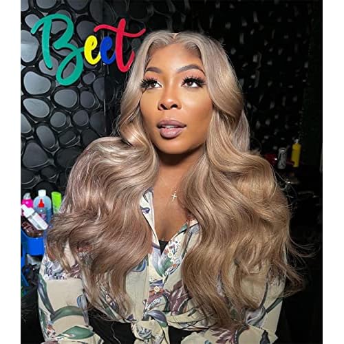 Ash Blonde with Silver Gray Highlight Lace Front Wig Human Hair 180% Density 13x4 Body Wave Mini Knots HD Invisible Lace Wig for Women Glueless Milk Tea Brown Colored with Silver Blonde Wigs 26 Inch