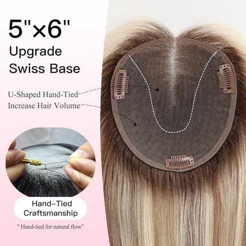 EMMOR 14 Inch Human Hair Topper for Women - 5" ¡¿ 6" Upgrade Swiss Lace Base with 3 Non-Slip Clips, 100% Real Hair Toppers for Thinning Hair & Natural Looking-Straight Bang(#005)