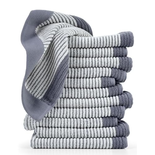 Cleanbear Wash Cloths for Showering, 12 Washcloths with Stylish Jacquard Weaved Design, Cotton Washcloth Set, 13 x 13 Inches, Gray