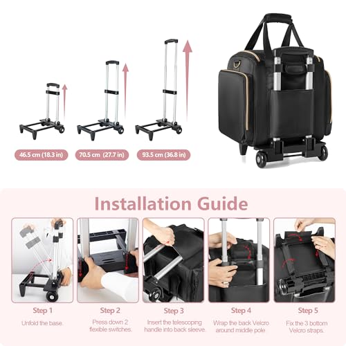 Rolling Makeup Case with 4 Removable Bags, Professional Makeup Train Case with Wheels, Makeup Artist Travel Bag with Brushes Storage Section, Black (Patent Design)