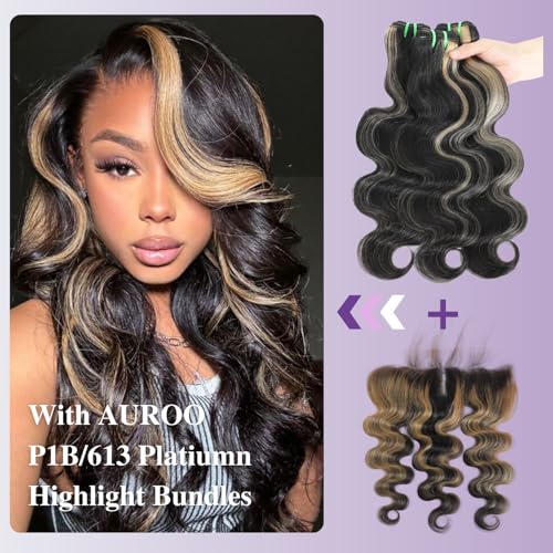 13x4 Honey Blonde Highlight Frontal Closure Only Human Hair Body Wave, 12A Virgin Ombre Skunk Stripe HD Transparent Ear to Ear Lace Frontal Closure Human Hair Pre Plucked (150% Density, 12 Inch)