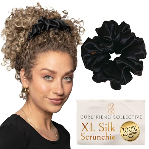 Silk Scrunchies for Women Ponytail Holders ? Oversized Mulberry Silk Scrunchies ? Extra Large No Damage Hair Ties for Curly, Thick, and Thin - Hair Accessories for Women ? Black, XL By Curlfriend