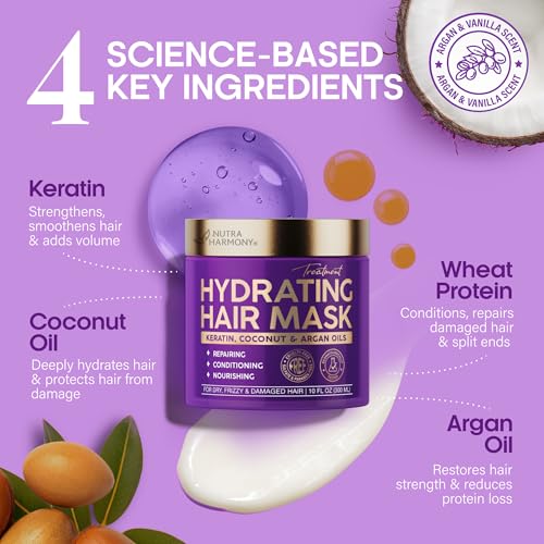 NUTRAHARMONY Hydrating Hair Mask for Dry, Frizzy & Damaged Hair ? Deep Conditioning Keratin Treatment with Argan & Coconut Oils, Collagen & Biotin ? Repairing, Anti-Frizz Hair Mask for Women, 10oz