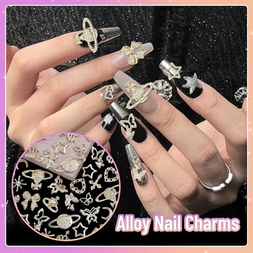 180 Pcs Gold Nail Charms and Gems, Bow Star Butterfly Cross Alloy Nail Jewelry, 18 Styles Metal Planet Heart Y2K Gold Nail Charms for Nails Art Design