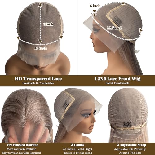 20 Inch Ash Blonde Wigs Human Hair Glueless 13X6 Deep Part HD Lace Front Wigs for Black Women 180% Density Grey Blonde Straight Colored Remy Brazilian Virgin Human Hair Wigs Pre Plucked Hairline
