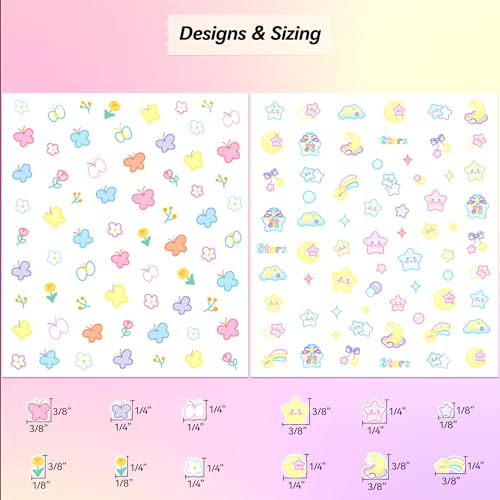 4 Sheets of 3D Nail Stickers - 289 Cute Nail Decals - Embossed Nail Stickers for Kids | Kawaii Theme - Butterfly, Flowers, Stars, Fruits, Bunny, Bears | Glow in The Dark