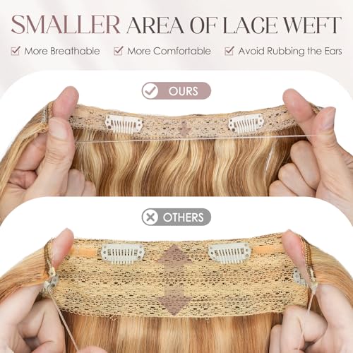 Elailite Halo Hair Extensions Real Human Hair for Women Golden Brown & Bleach Blonde Wavy Hair Halo Clip in Remy Hairpiece with Adjustable Invisible Wire 20 Inch 70G