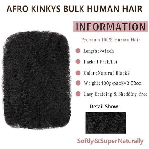 Afro Kinkys Bulk Human Hair 24 Inch 100g Nature Black Afro Kinky Curly Human Hair Bulk for Dreadlock Extensions Micro Locs Braiding Twists Braids and Repair Locs