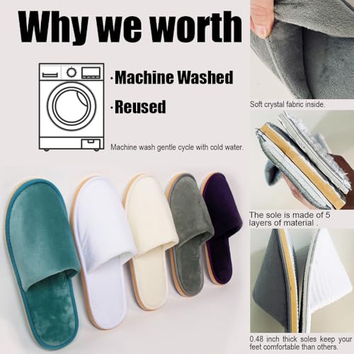 GONG GONG 2-6 Pairs Non Slip Disposable Slippers, Washable & Reusable, Closed Toe Crystal Velvet Slipper for Guest, Bathroom, House, Hotel, Party, SPA, Wedding