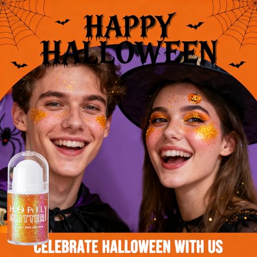 Roll-on Orange Body Glitter Gel for Face Hair, Holographic Chameleon Color Changing Face Paint Glitter Autumn Makeup, Chunky Mermaid Sequins Festival Party Rave Accessories Shimmer Makeup
