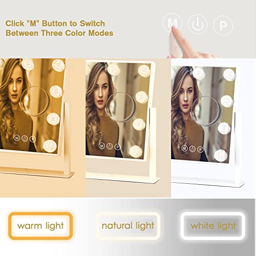 Vanity Mirror with Lights, Hollywood Lighted Makeup Mirror with 3 Color Modes and 9 Dimmable Diamond LED Light Bulbs, Detachable 10X Magnification, 360¡Æ Rotation, Touch Control, White