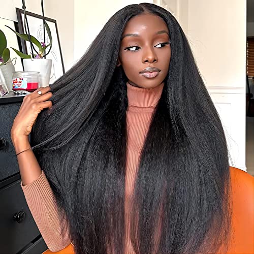 ISEE HAIR Lace Front Wigs Human Hair Kinky Straight Wear & Go Glueless Wigs Natural Hairline Pre Cut 7x5 HD Lace Closure Wig Beginner Friendly 180% Density (Natural Color, 18 Inch)