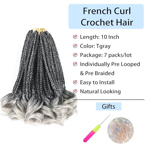 Grey Crochet Hair for Black Women 10 Inch 7 Packs French Curl Crochet Braids with Curly Ends Pre Looped Goddess Box Braids (Tgrey)