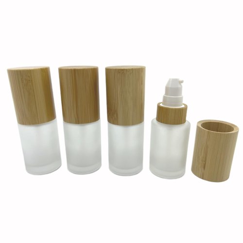 BEECO GIF2U Empty Cosmetic Bottles 1oz/30ml 4 PACK with Bamboo Cap,Frosted Glass Lotion Pump DispenserRefillable Emulsion Cosmetic Cream Bottles, Toiletries Refill Travel Containers(Frost Clear)