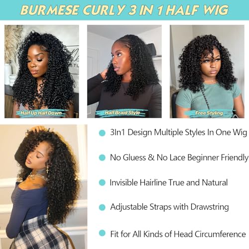 Half Wig Human Hair Burmese Curly Wig for Women 250 Density 3 In 1 Seamless Flip Over Half Wigs Beginner Friendly Glueless Wigs Human Hair with Spiral End Natural Color 20 Inch