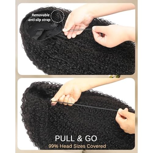 Kinky Curly Half Wig Human Hair - 200% Density, 18 Inch, Glueless Wear & Go, 3 in 1, Flip Over, Headband, Drawstring Wig, Natural Look, Beginner Friendly (Natural Black, 18 Inch, Kinky Curly)