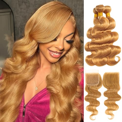 ALHER 12A Honey Blonde Body Wave Human Hair Bundles with Closure, Color #27 Sun-kissed Vibe Golden Blonde Body Wave HD Transparent 4x4 Closure with 3 Bundles Soft Thick Sew In Weave Wavy 14 16 18 +14