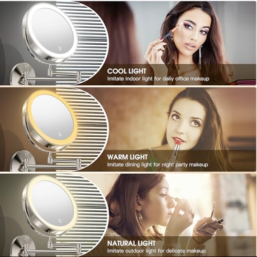 Wall Mounted Lighted Makeup Mirror, 8" Rechargeable Double-Sided Light up Magnifying Mirror 1x/10x, 3 Color Led Vanity Mirror with Lights, Touch Dimmable 360¡Æ Rotation Foldable-Nickel