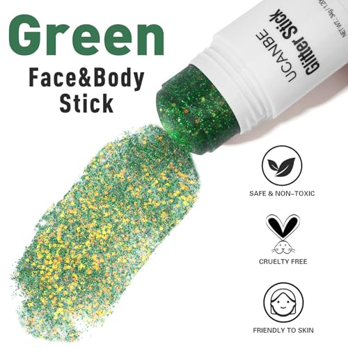 UCANBE Green Body Glitter Stick for Singer Concerts Music Festivals, Face Glitter Makeup for Face Body Hair Eyes & Lips, Chunky Glitter Sparkling Mermaid Sequins for Women 1.2OZ