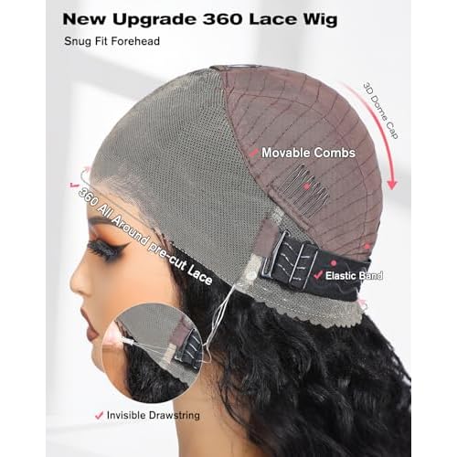 Hidden Strap 360 Glueless Lace Front Wigs 100% Human Hair 200% Density Pre Plucked HD Lace Loose Body Wave 360 Full Lace Human Hair Wigs With Invisible Drawstring for Black Women 20 Inch