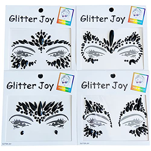 Face Gems Jewels, Festival Face Jewels Tattoo Stickers,Face Gems Stick on, Body Gem Stones Temporary Face Tattoos for Festival,4-Pack, Black