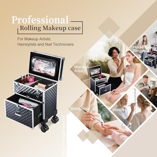 Adazzo Professional Rolling Makeup Case with Drawer for Makeup Artists Cosmetic Train Case Large Storage Case for Nail Technicians Cosmetology Case with Detachable Bag for Hairstylist Black