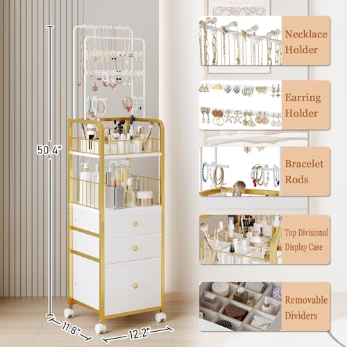 Makeup Organizer Cart with 3 Drawers, Jewelry Organizers and Storage for Earring Necklace, Large Vanity Storage Organizer for Skin Care Perfume Make up Brush Nail Polish Hair Tool (Gold)