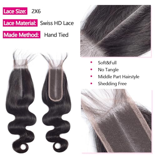 12A Human Hair Bundles with 2x6 Closure 20 22 24 with 18 Inch Brazilian Body Wave 3 Bundles Human Hair with 2x6 HD Lace Closure 100% Unprocessed Virgin Human Hair Weave