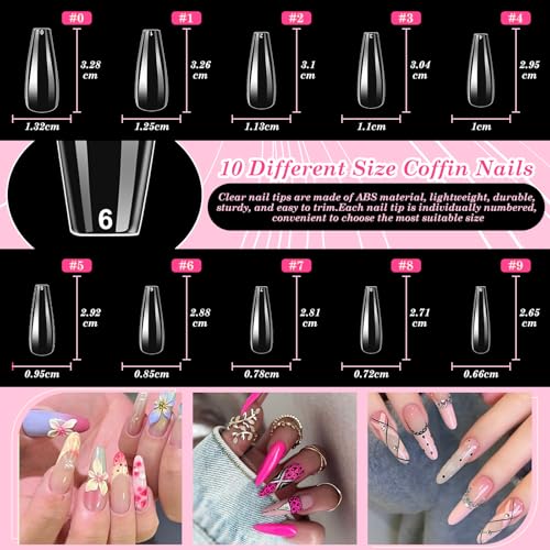 Acrylic Fake Nails Kit Press On Nail Kit with Clear Coffin Nail Tips Nail Display Stand Sequins Sticker Rhinestones Decorations Nail Glue Nail Clay Fine Glitter DIY Nail Art Tool and Supplies