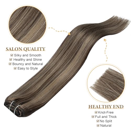 Remy Hair Extensions Clip in Human hair Chocolate Brown To Caramel Blonde Brazilian Clip on Real Human Hair Extensions Natural Straight Clip ins Hair for Women 16 Inch 60G 5 PCS Invisible Double Weft