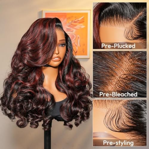 Ali Pearl Body Wave Lace Front Wigs Layered Cut Curtain Bangs Side Part 13x4 Body Wave Human Hair Highlights 1B/99J Burgundy Pre Plucked Glueless Wigs with Baby Hair 18 Inch