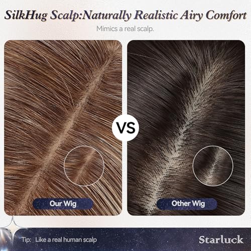 starluck Human Hair Wigs for Women, Curtain Bangs Ombre Light Blonde Mixed Light Brown Bob Real Wig Human Hair with SilkHug Cap, 12 Inch Graduated Straight, Soft, Natural Look for Daily & Wear Parties