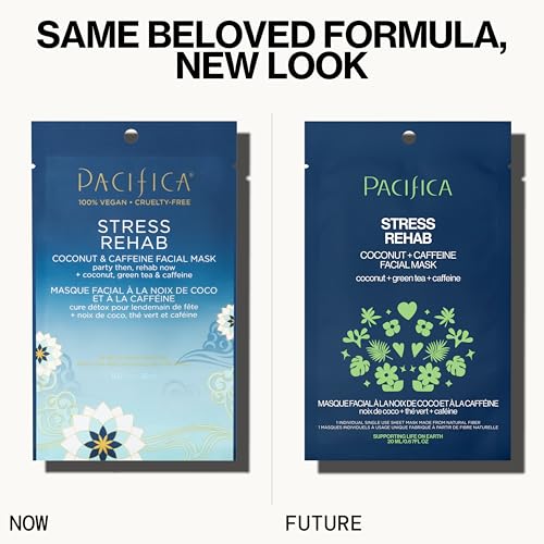 Pacifica Sheet Mask - Stress Rehab Coconut & Caffeine Facial Mask - 6-PACK De-Stress Sheet Mask for Redness & Puffiness Relief, Infused w/Green Tea, Turmeric & Hyaluronic Acid Cruelty-Free Skincare