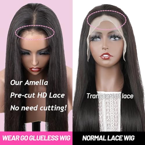 Amella Glueless Wigs Human Hair Pre Plucked Pre Cut Lace Glueless Wig Wear and Go 24 Inch 220% Density 13¡¿4 HD Lace Closure Wigs Human Hair 12A Straight Human Hair Wig Bleached Knots Natural Color
