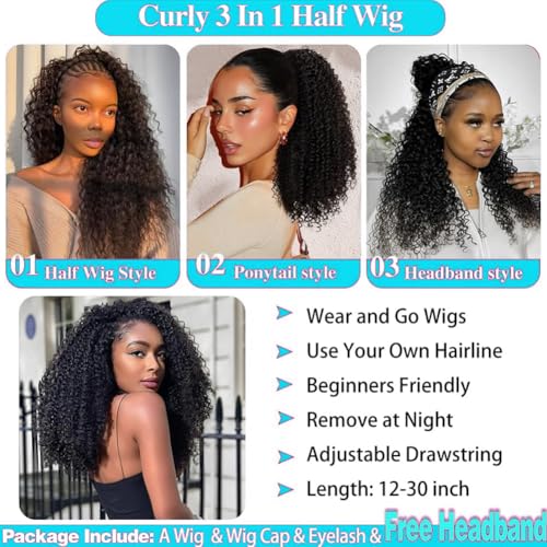 Kinky Curly Half Wig Human Hair 200% Density 3 In 1 Headband Wig Human Hair Glueless Wear and Go Beginner Friendly Drawstring Seamless Flip Over Half Wigs Human Hair Natural Black 22 inch